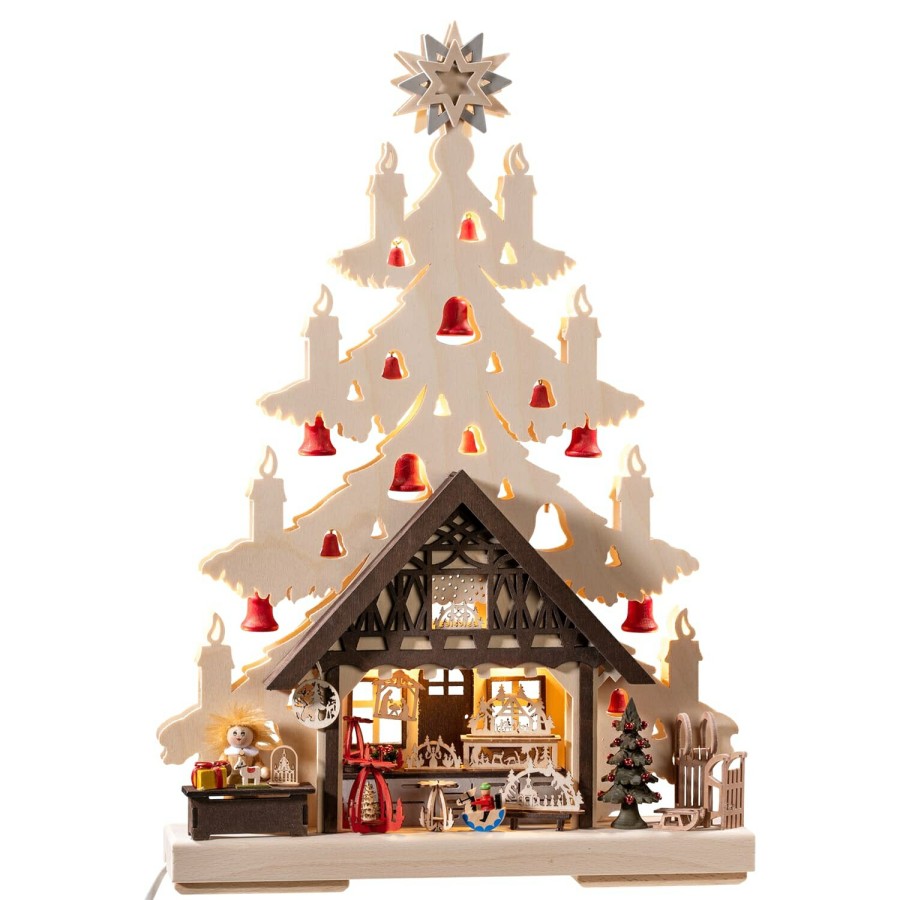 Deco RATAGS Holzdesign  | Schwibbogen "Fir Tree With Gift Store", 230V With Usb A Port